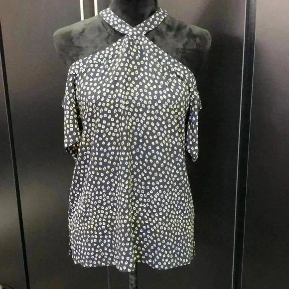LOFT Off the shoulder cross detail neckline,short sleeve navy patterned top  XS - Picture 1 of 9